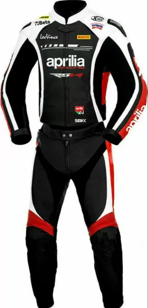 APRILIA MEN MOTORCYCLE RED AND BLACK LEATHER RACING SUIT