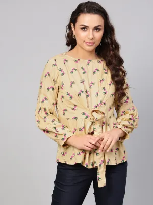 Beige Multi Colored Printed Knot Style Top With Round Neck