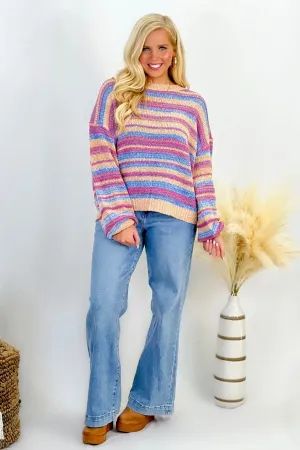 Blue Magenta Long Sleeve Multi Colored Sweater