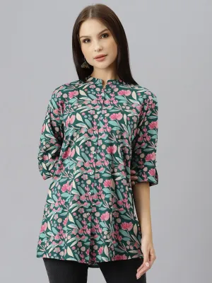 Dark Green Floral Rayon A-Line Shirts Style Top