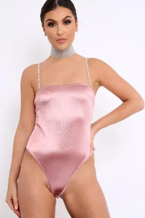 Dark Pink Satin Diamante Strap Bodysuit - Abbielee