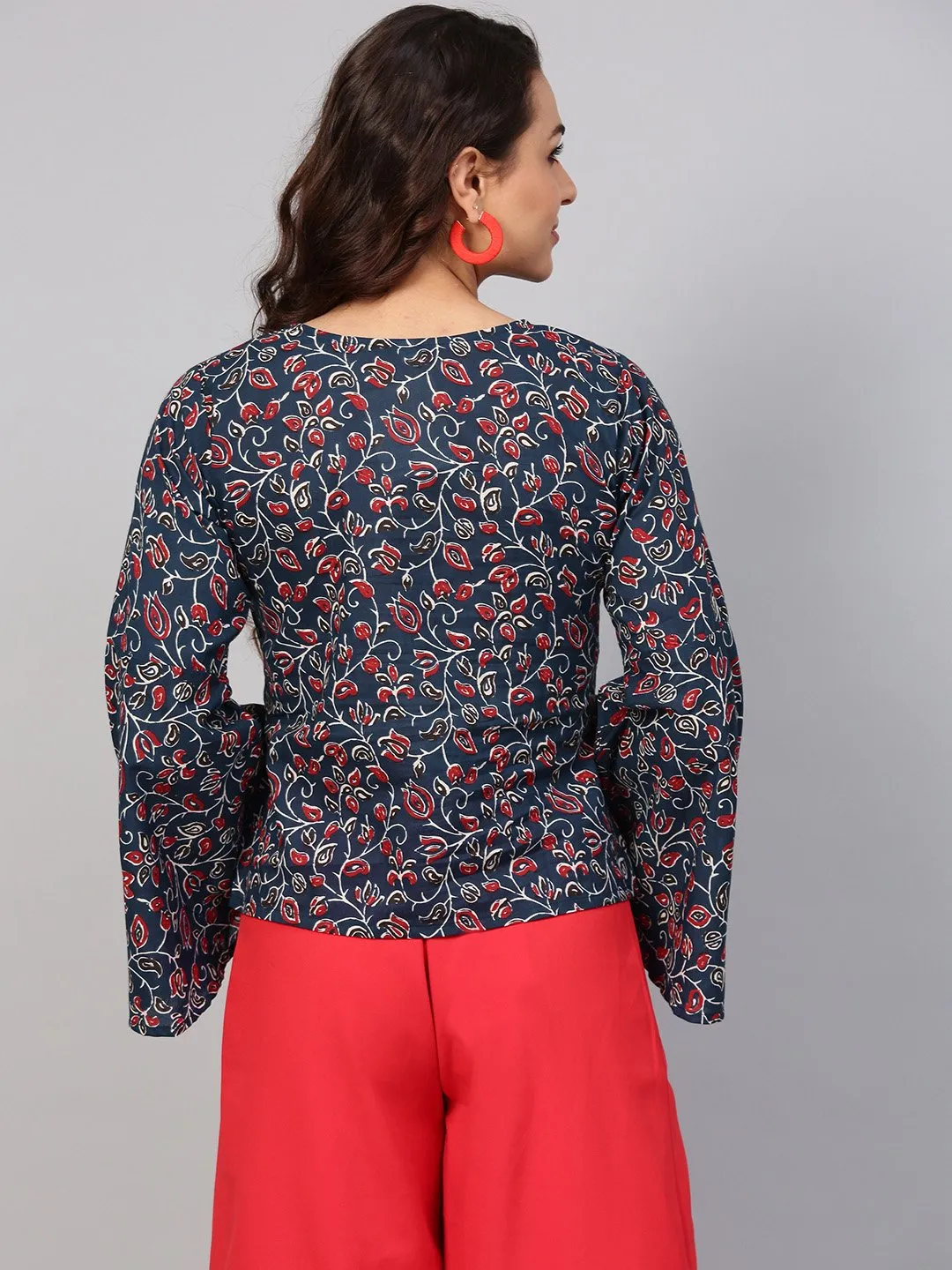 Indigo Blue Geometric Printed Top With V Neck & Flared Sleeves