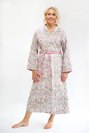 Luxury Quilted Hand Block Print Robe - Pretty Pink Floral & Bird Print