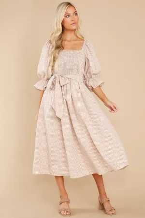 Lyrics To My Song Taupe Gingham Midi Dress