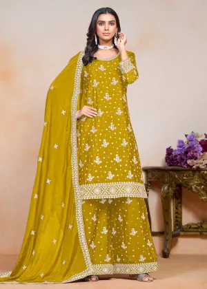 Mustard Sequins Embroidered Chinnon Festive Palazzo Suit