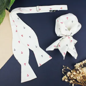 Peluche Anchor Print White Open Bow Tie & Pocket Square Set for Men