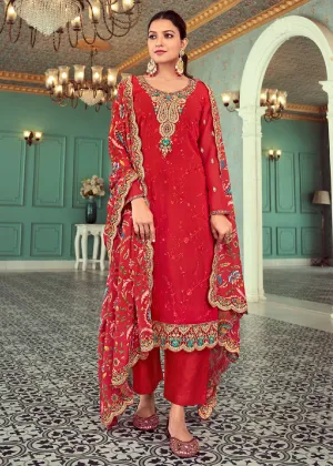 Red Real Georgette Embroidered Pant Style Sakwar Suit