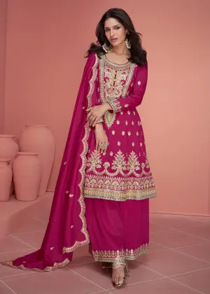 Resham Thread Embroidered Pink Festive Palazzo Suit