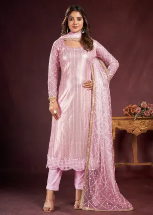 Taffy Pink Butterfly Net Embroidered Festive Salwar Suit