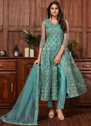 Turquoise Color Embroidered Front Slit & Straight Pant Suit