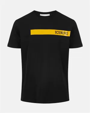 Yellow Stripe Print Logo Tshirt (Black) - I23F01863189000